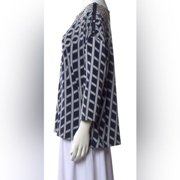 St. John Blouse Chain Swirl 3/4-Sleeve Shirt Top Black and Beige Women’s Size XL - Picture 3 of 13